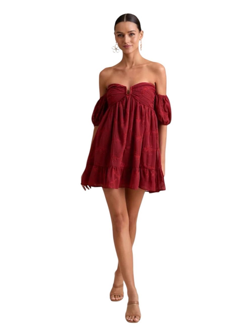 Lulus Rust Red Floral Embroidered Off Shoulder Mini Dress XL NWT